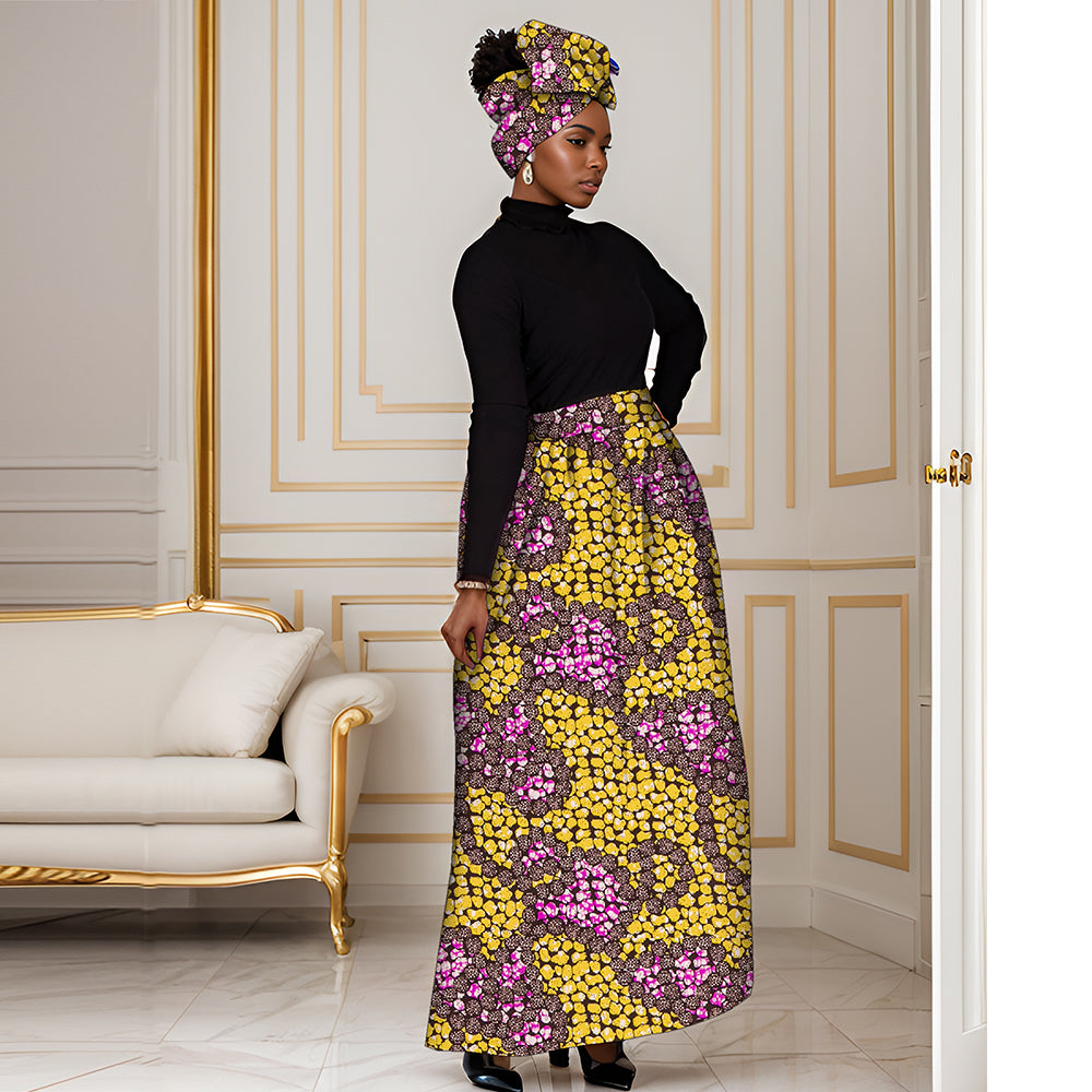 African Women's Long High Waist Ankara Print Skirt Matching Headwrap WY1270