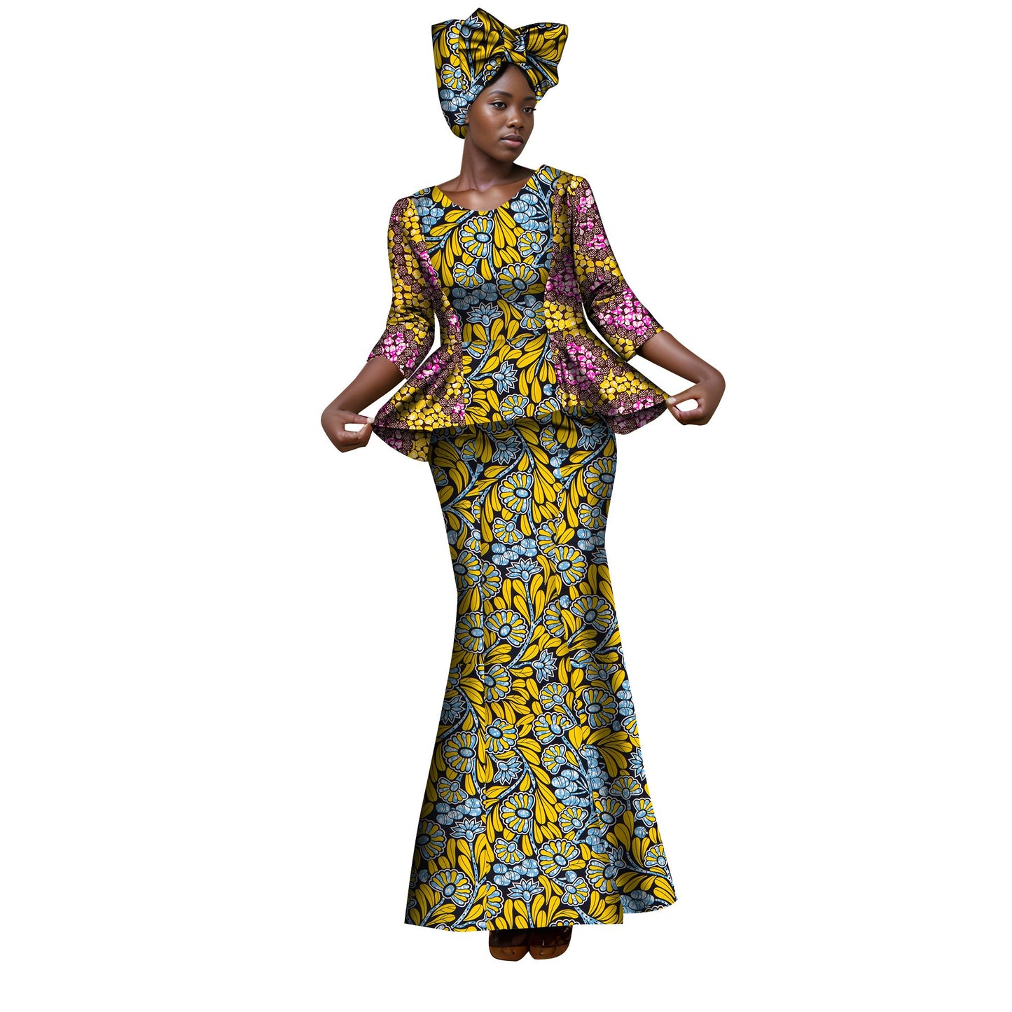 African Ankara Print Women Dresses Set with Headscarf WY1401