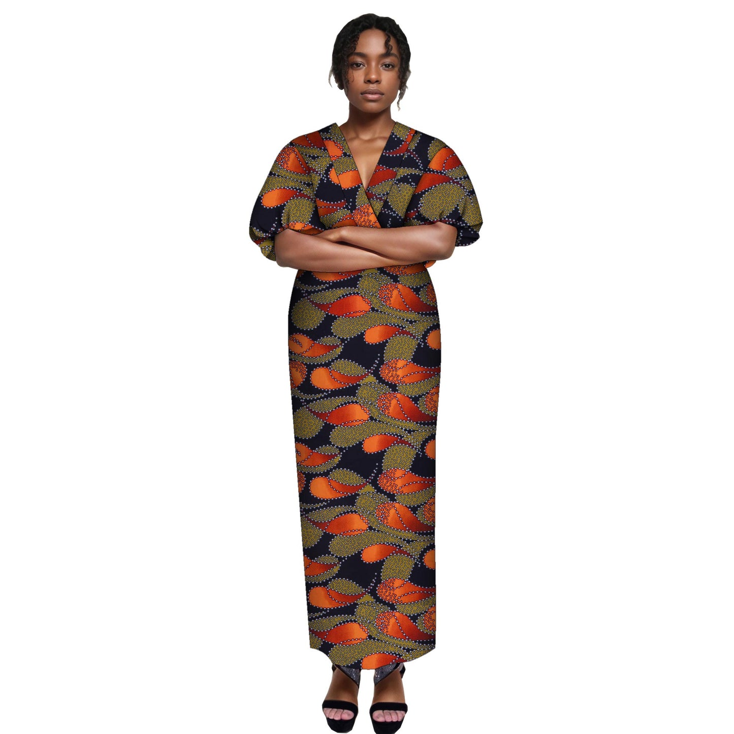 African Fashion Women's V-neck Bubble Sleeve Women's Skirt, European and American Women's Slimming and Ankle Long Skirt wy10347