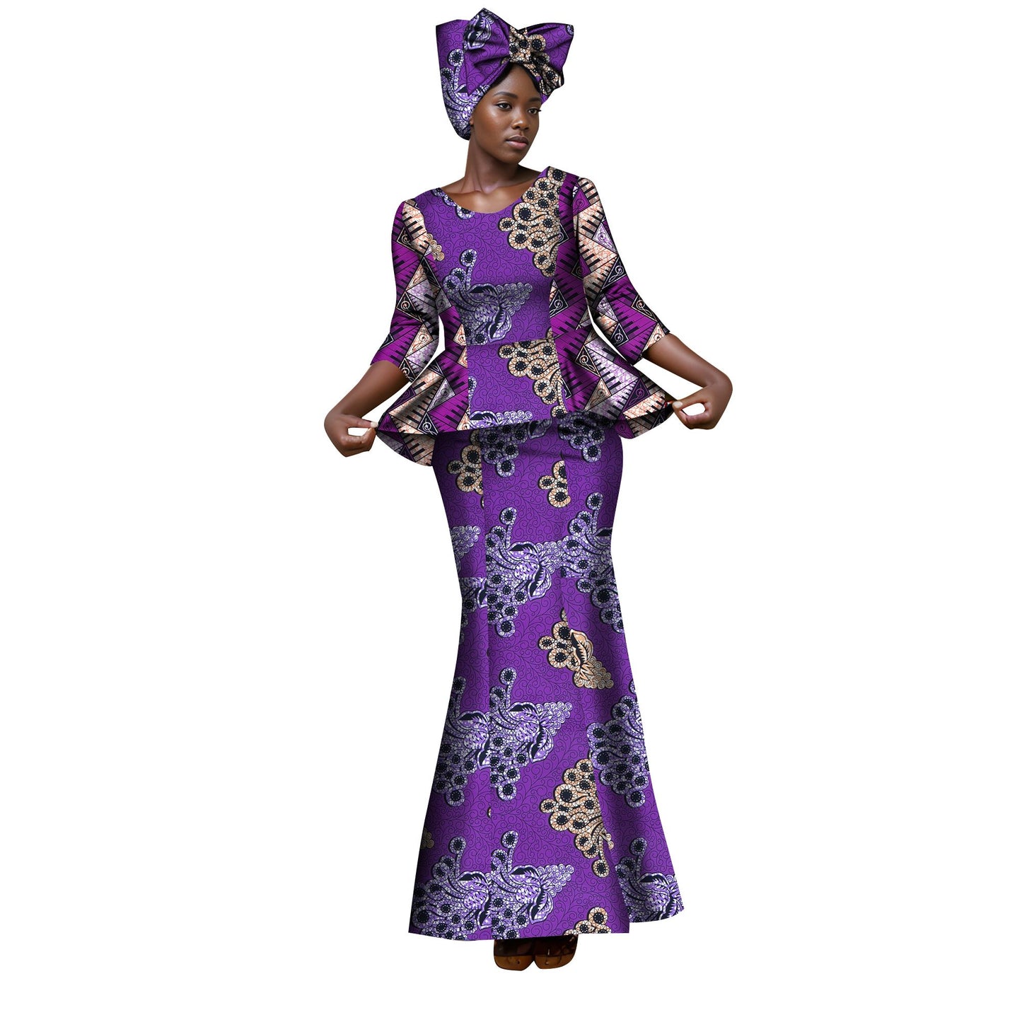 African Ankara Print Women Dresses Set with Headscarf WY1401