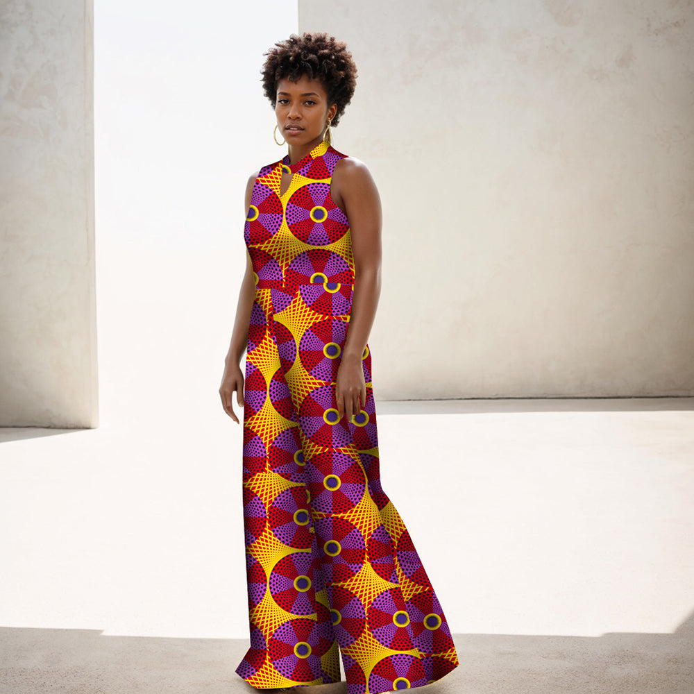 Africa Women Sleeveless Ankara Print Wide Leg Jumpsuits WY2244