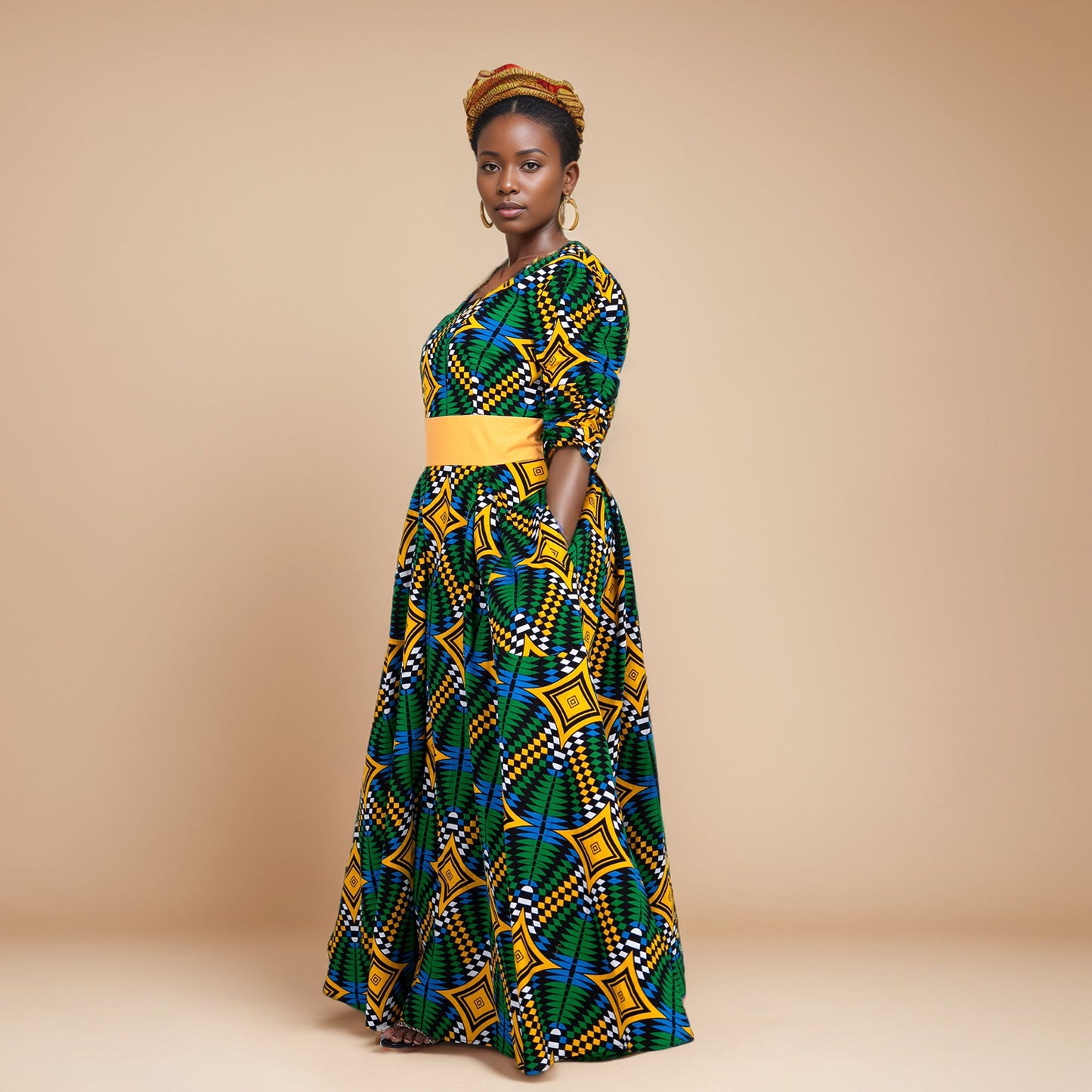 African Women's Dress Ankara Multicolor Deep V-Neck Shirt Dresses with Pocket WY7415
