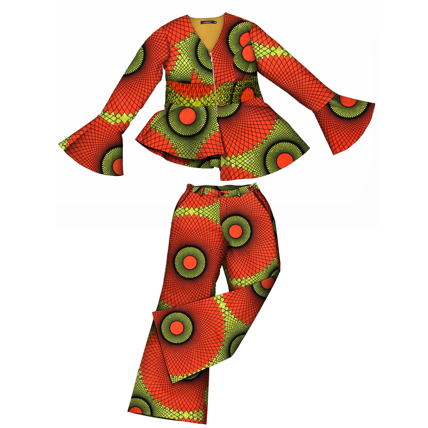 African Fashion Women's Sweet Wind Horn Long Sleeve Women's Zipper V-neck Top and Pants wy10949