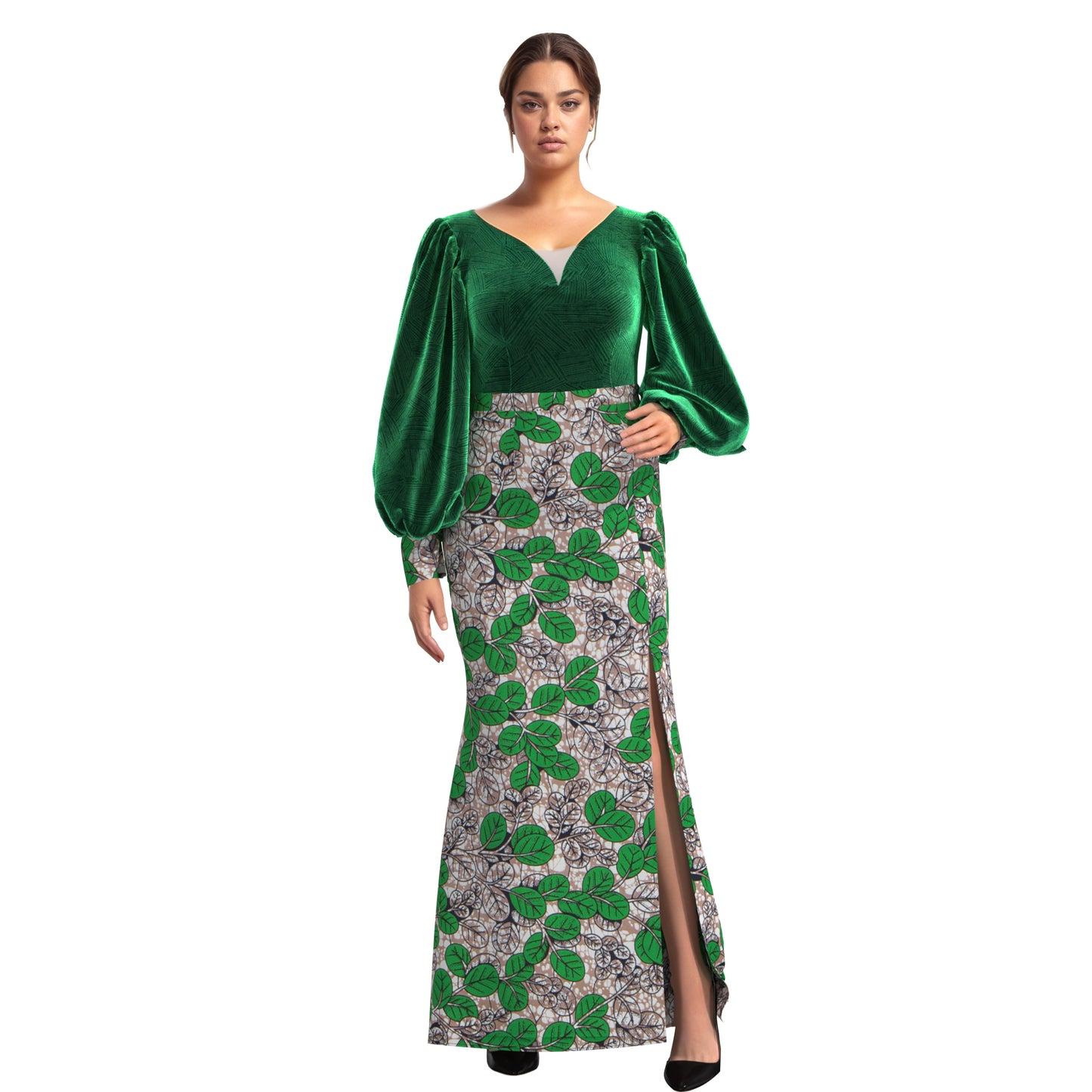 European, American and African women's clothing quality dress v-neck full sleeve dress, elegant style women's long dress WY10905