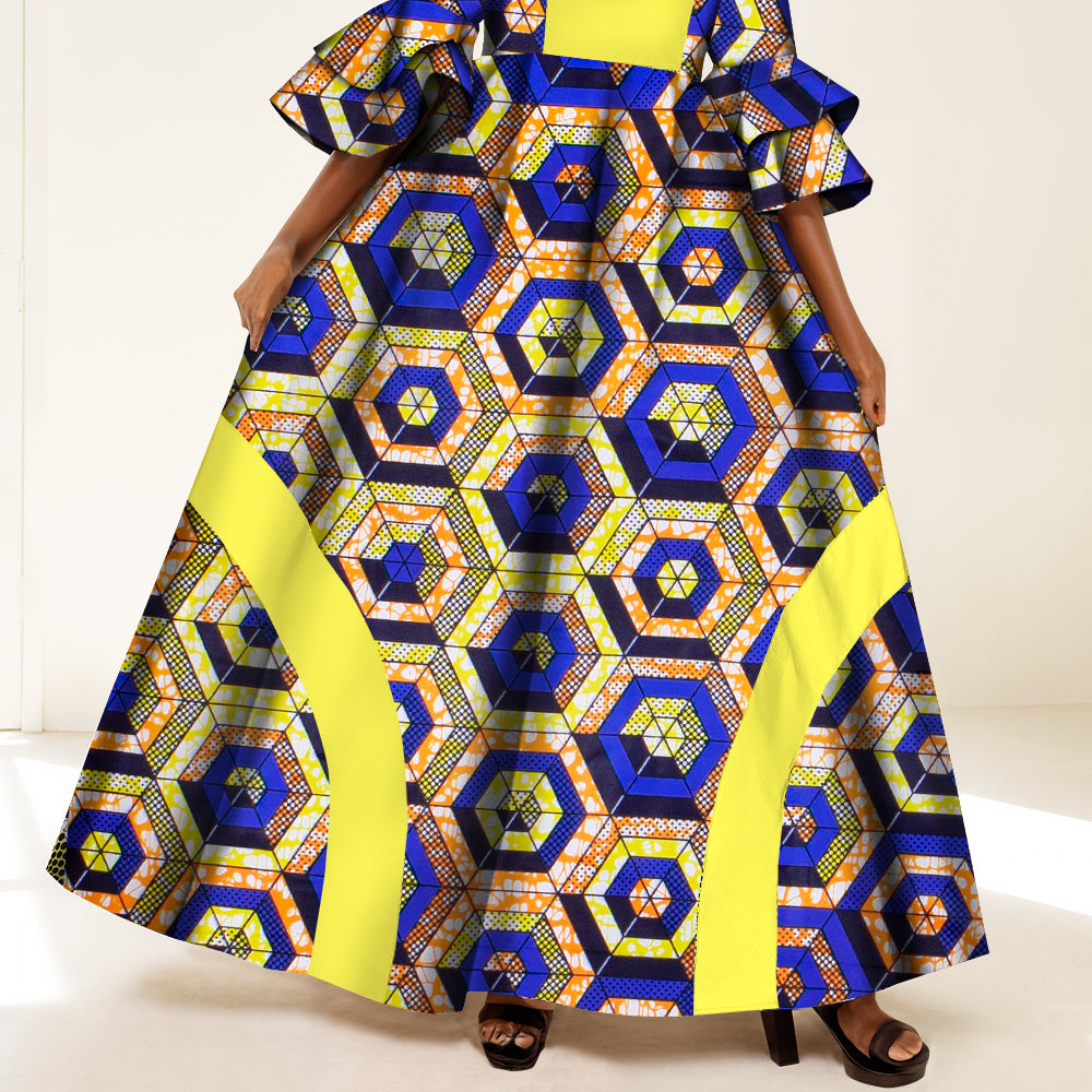 African Women Maxi Party Dress Double Layered Bell Sleeve Long Dress & Headwrap WY3819