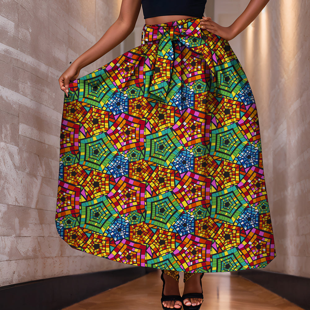 African Ankara Half Skirts for Women Fashion High Waist Elegant Long Skirt Matching Headwrap WY268