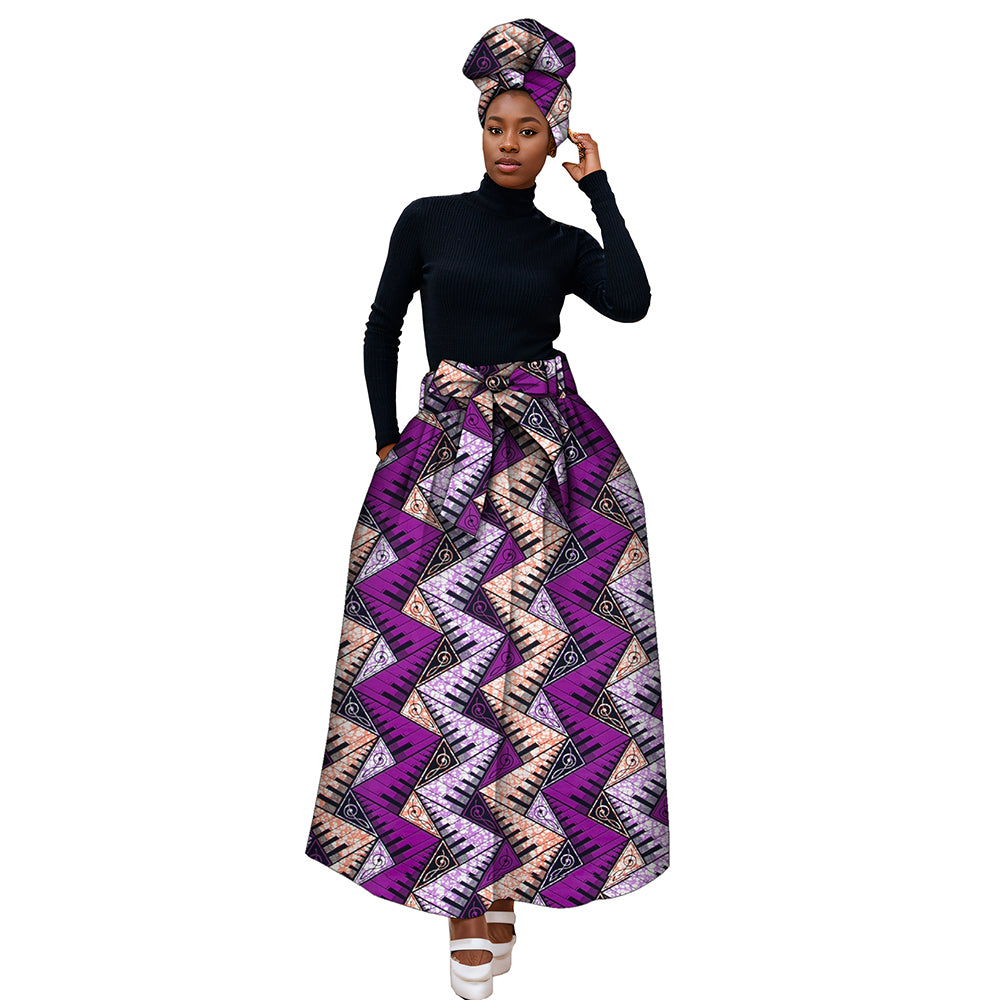African Ankara Half Skirts for Women Fashion High Waist Elegant Long Skirt Matching Headwrap WY268
