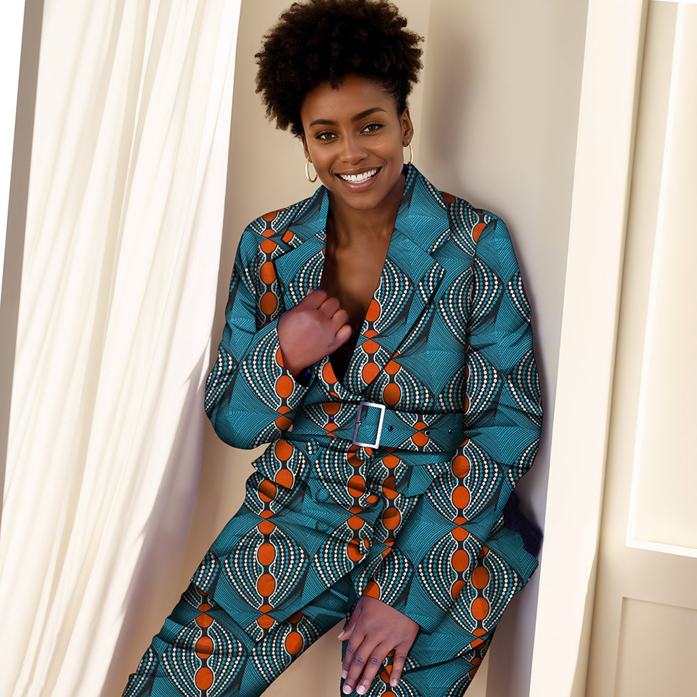 African Women Print Kente Top and Pants Set with Belt FH033