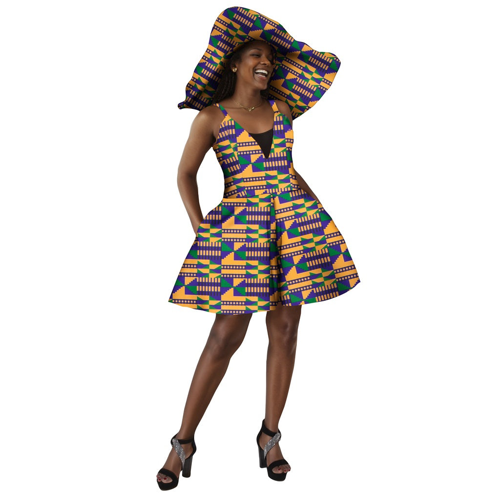 African Women Suspenders Jumpsuit Traditional Ankara Kente Print with Hat WY8844