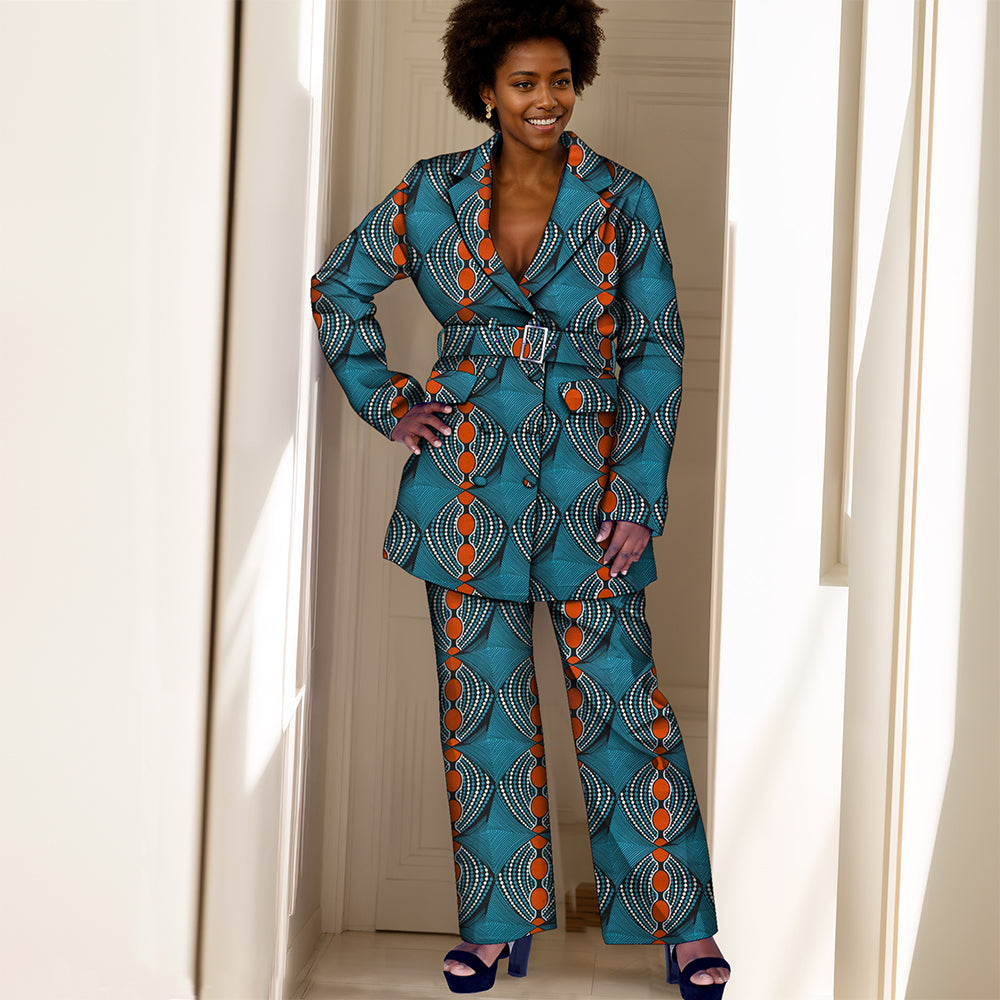 African Women Print Kente Top and Pants Set with Belt FH033