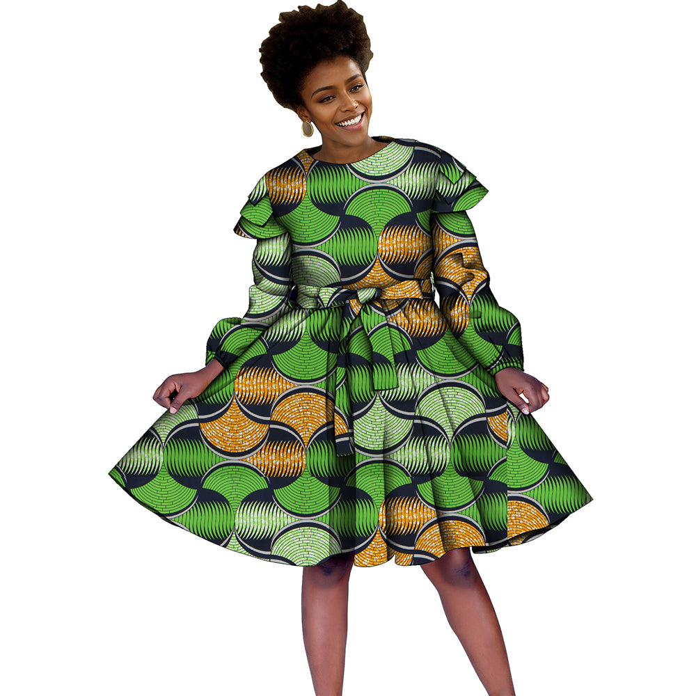 Long-sleeved knee-length African dress with bow belt FH034