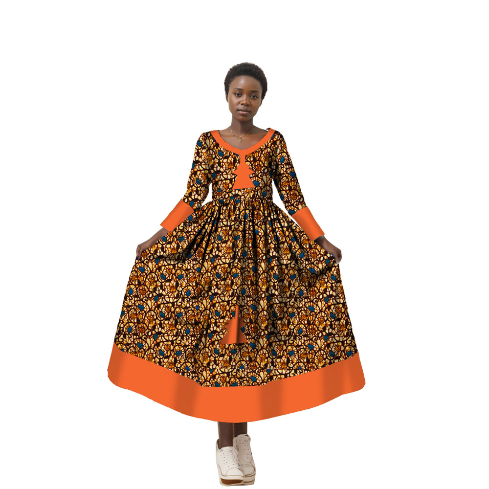 African Wax Print Dress for Women African Style Full Sleeve V-Neck Robe Long Evening Clothing WY2998