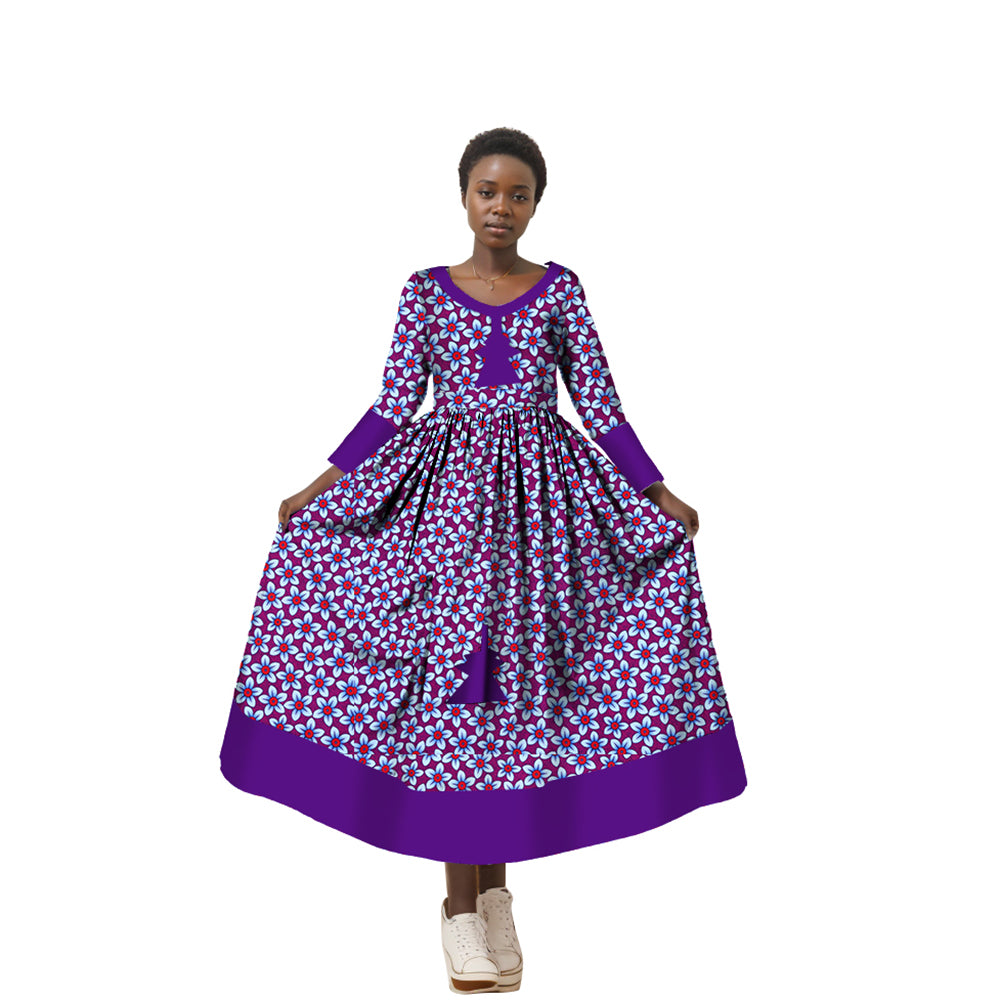 African Wax Print Dress for Women African Style Full Sleeve V-Neck Robe Long Evening Clothing WY2998