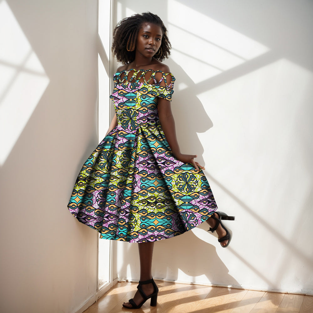 African women's clothing Cotton rope woven collar African printed wax clothing over knee length women's clothing WY335