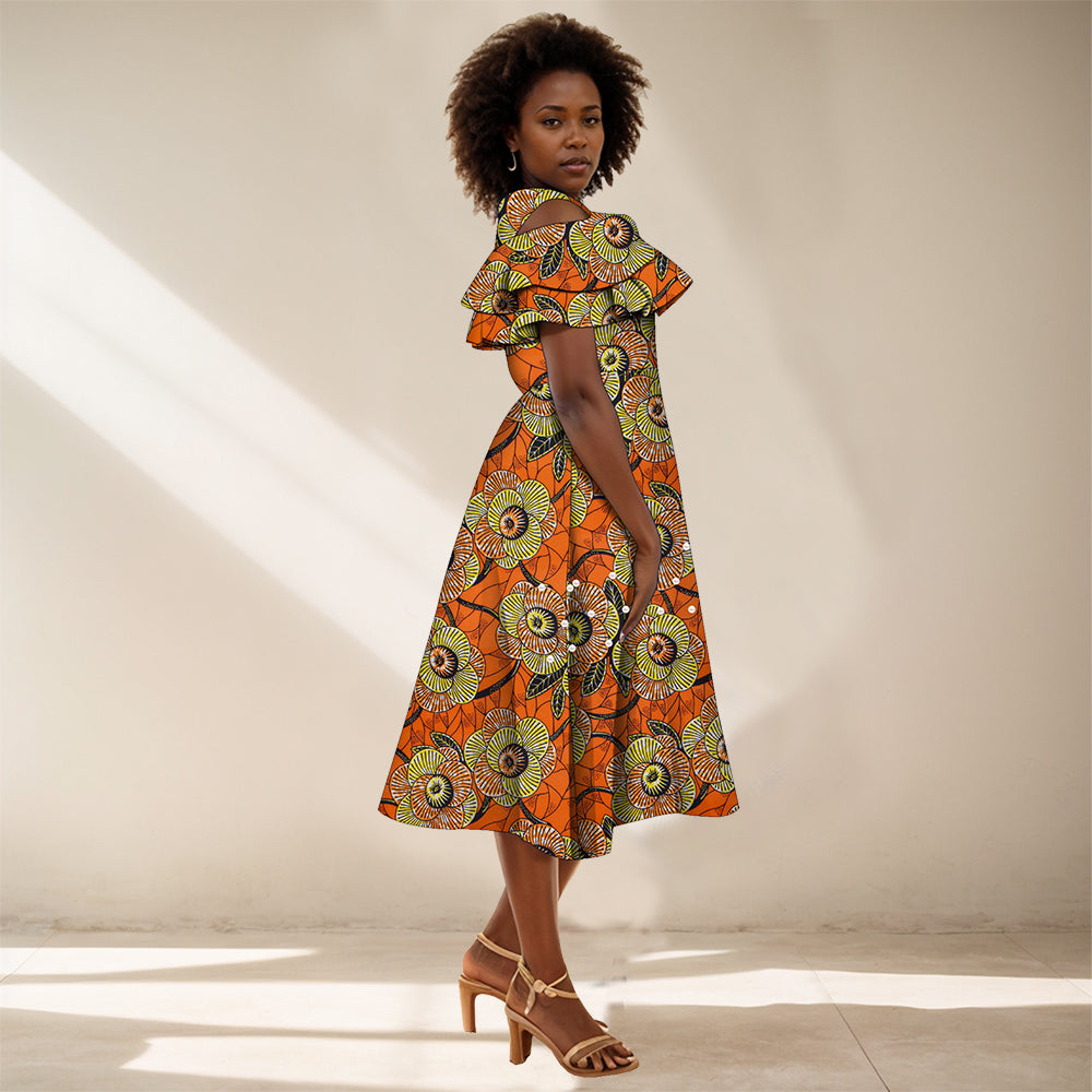 African Dresses for Women A-line Knee-Length Dress Traditional Ankara Kente Print Evening Dress WY4401