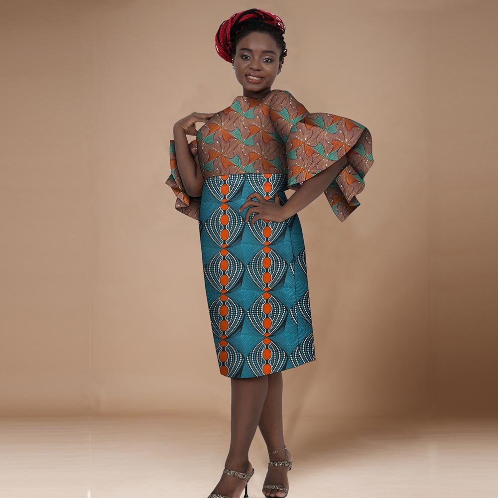 African Women Dresses Short Trumpet Sleeve Knee Length Patchwork Dress WY7506
