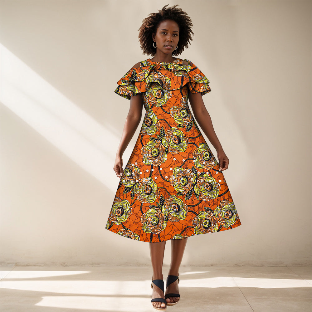 African Dresses for Women A-line Knee-Length Dress Traditional Ankara Kente Print Evening Dress WY4401