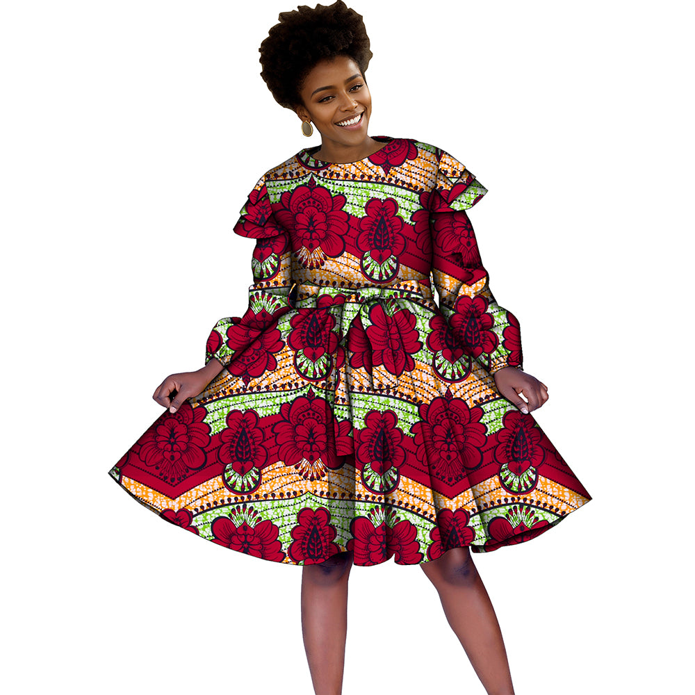 Long-sleeved knee-length African dress with bow belt FH034