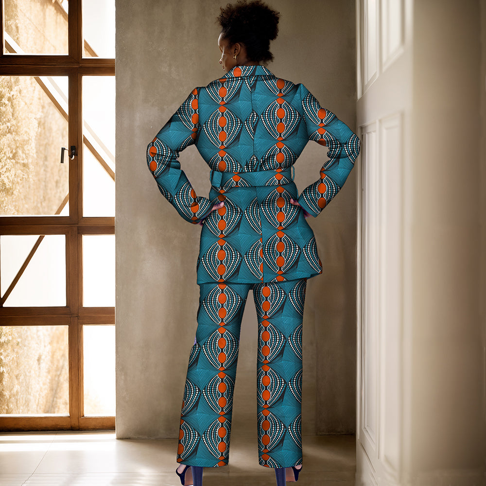 African Women Print Kente Top and Pants Set with Belt FH033
