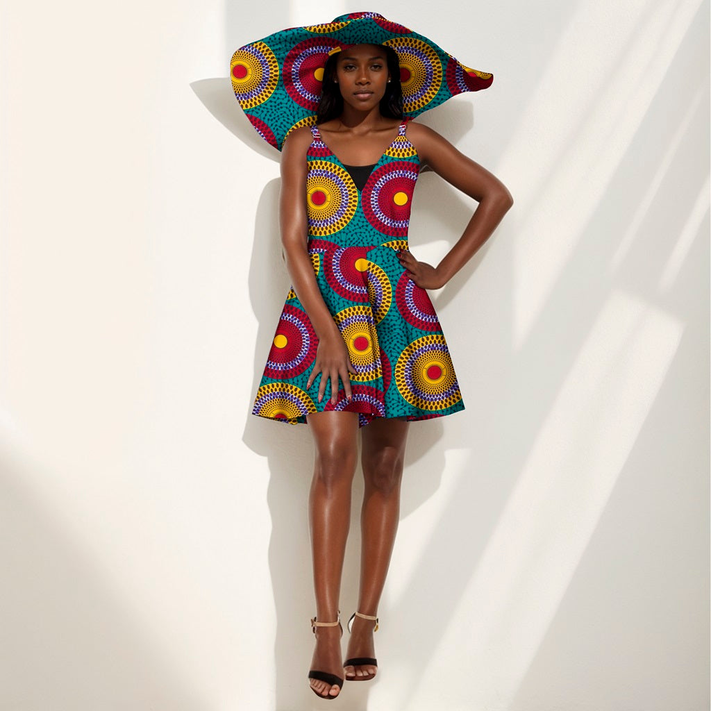 African Women Suspenders Jumpsuit Traditional Ankara Kente Print with Hat WY8844