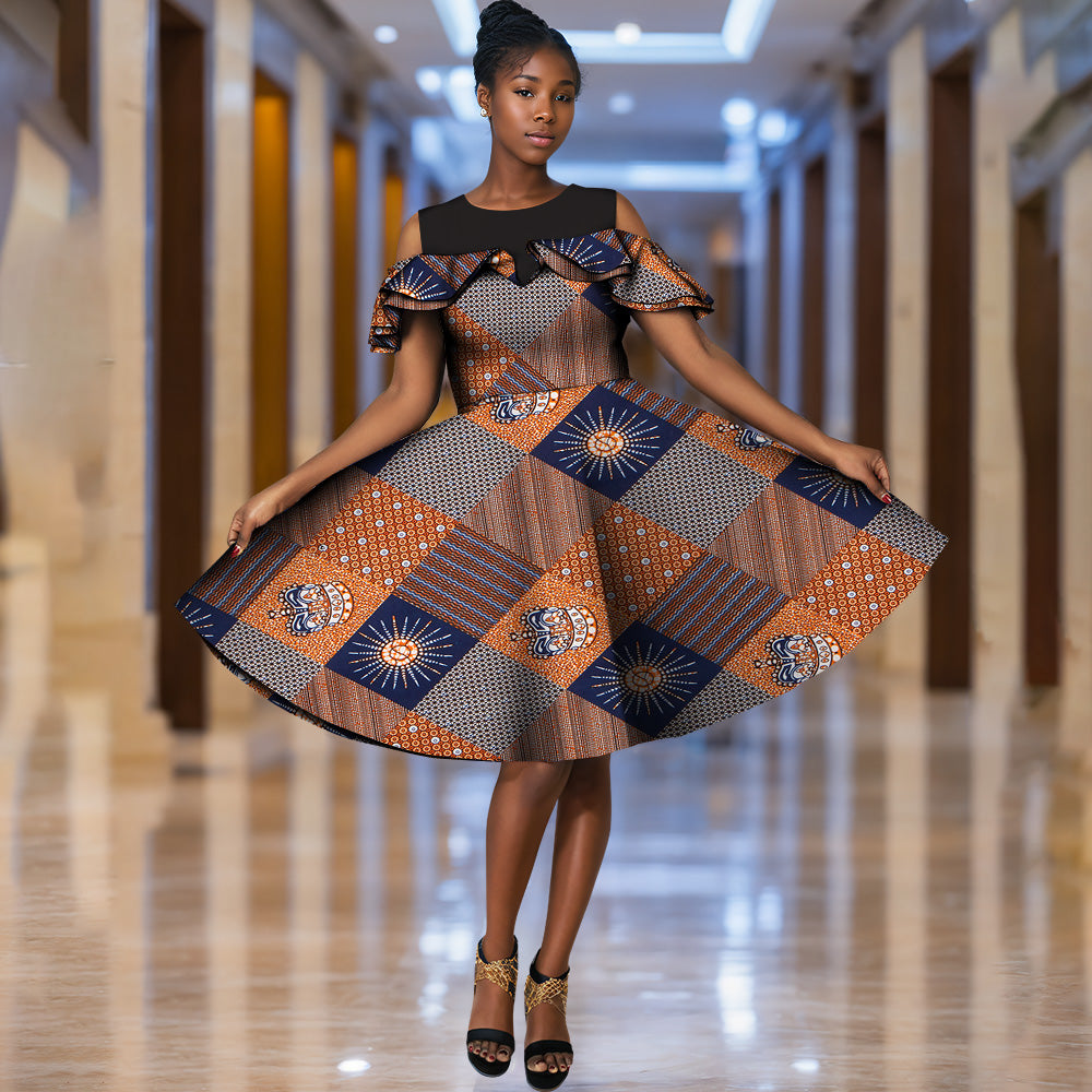African Ankara Print Dresses O-Neck Splicing Dresses Party Dresses Short Dresses WY5502