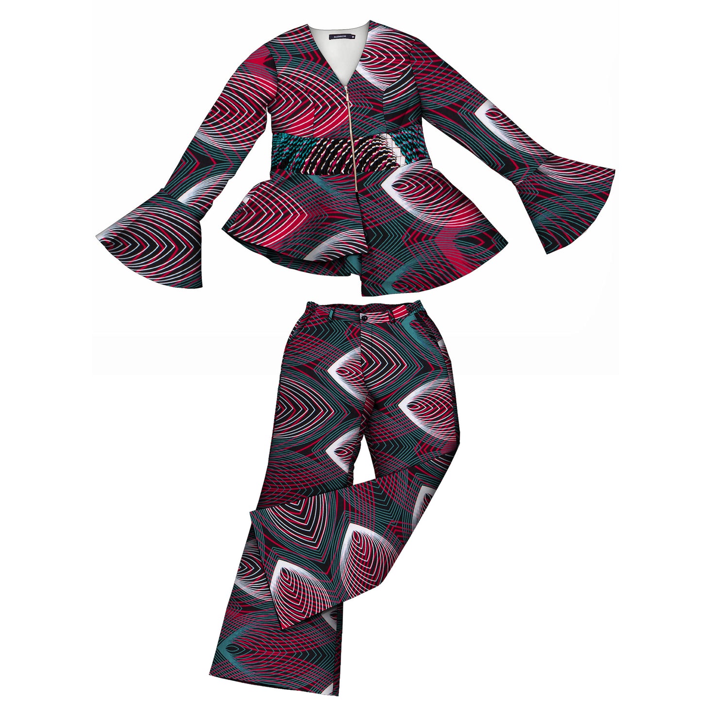 African Fashion Women's Sweet Wind Horn Long Sleeve Women's Zipper V-neck Top and Pants wy10949