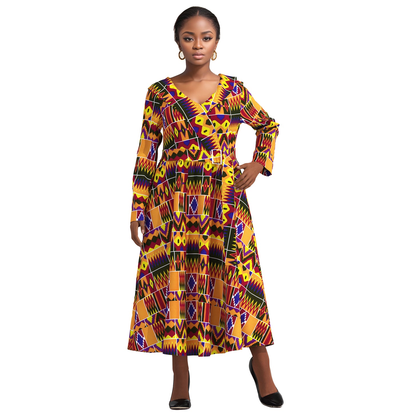European, American and African women's clothing quality dress v-neck full sleeve dress, elegant style women's long dress WY10891