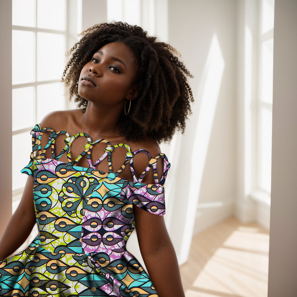 African women's clothing Cotton rope woven collar African printed wax clothing over knee length women's clothing WY335