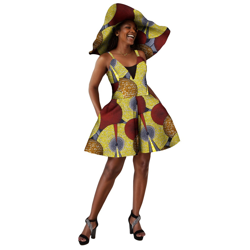 African Women Suspenders Jumpsuit Traditional Ankara Kente Print with Hat WY8844