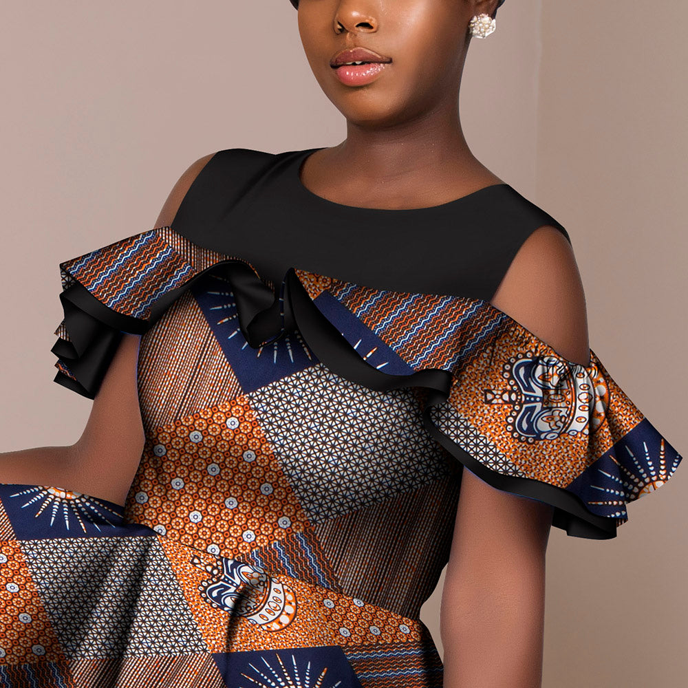 African Ankara Print Dresses O-Neck Splicing Dresses Party Dresses Short Dresses WY5502