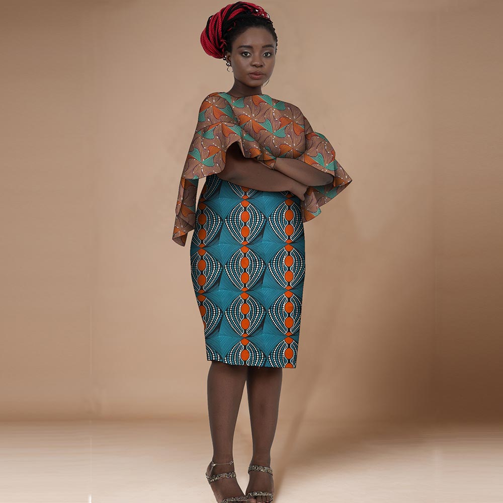 African Women Dresses Short Trumpet Sleeve Knee Length Patchwork Dress WY7506