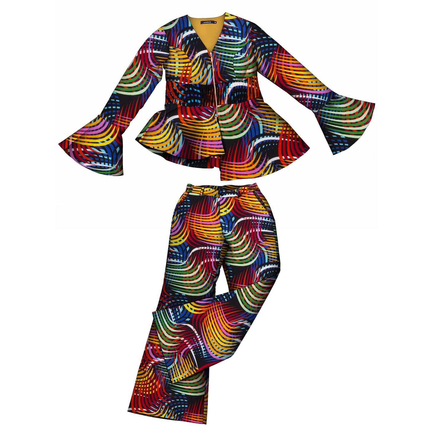 African Fashion Women's Sweet Wind Horn Long Sleeve Women's Zipper V-neck Top and Pants wy10949