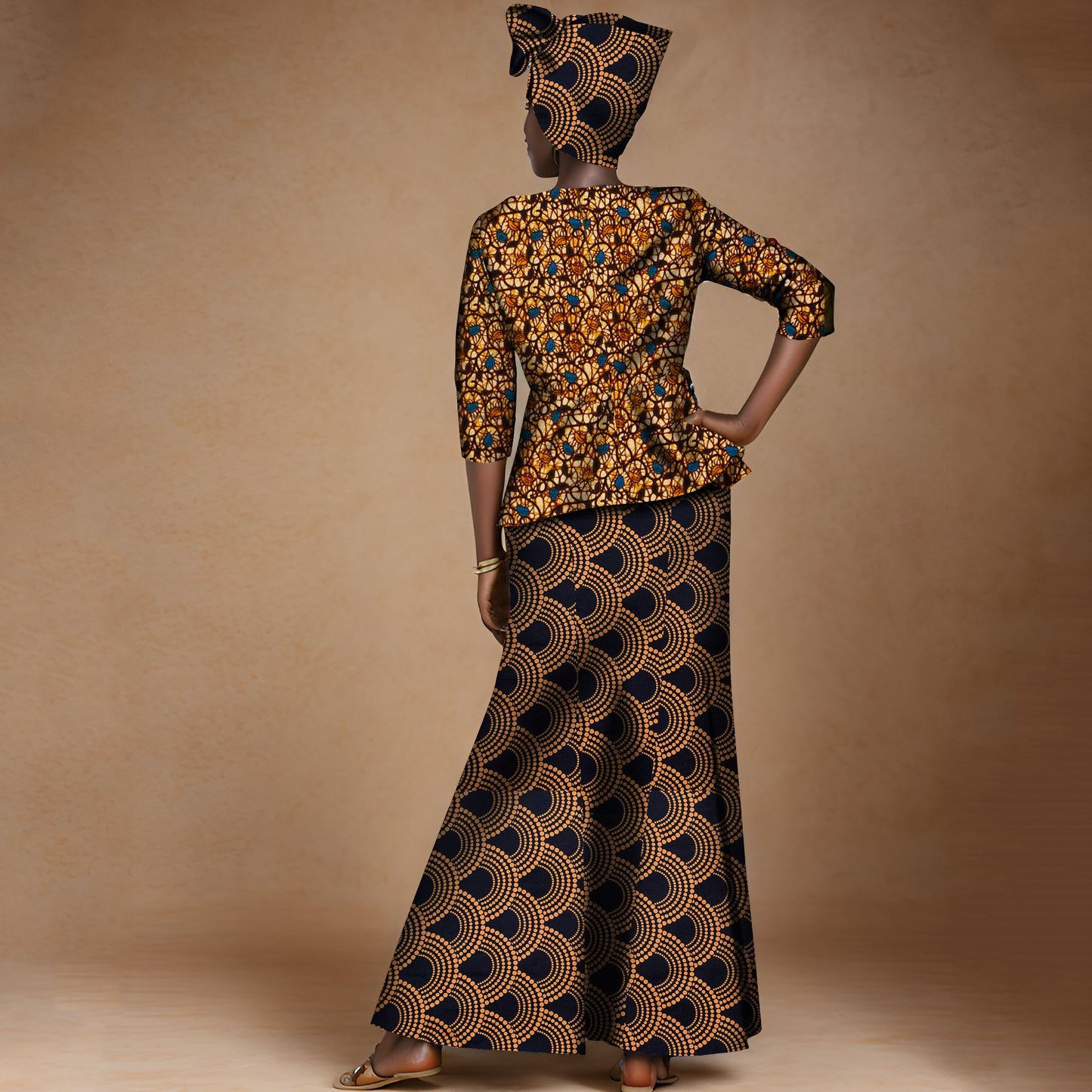 African Ankara Print Women Dresses Set with Headscarf WY1401