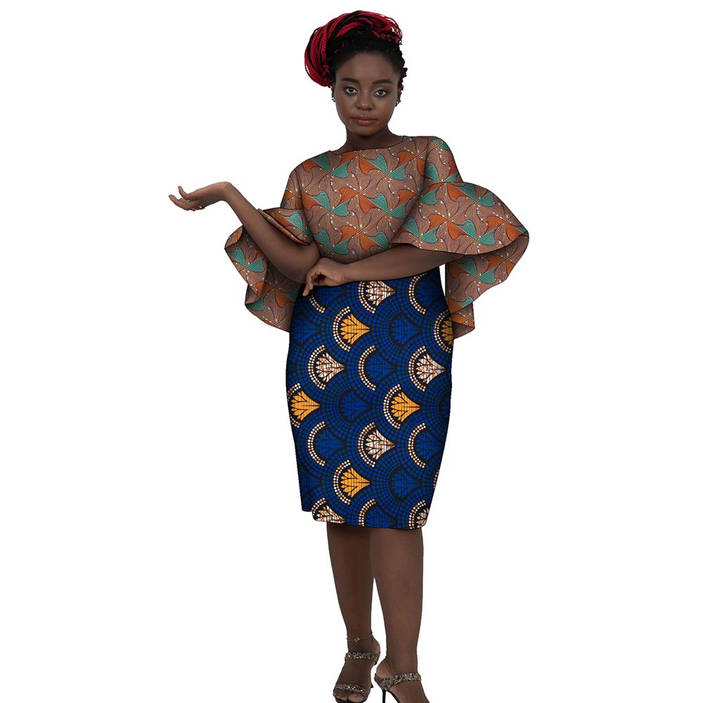 African Women Dresses Short Trumpet Sleeve Knee Length Patchwork Dress WY7506