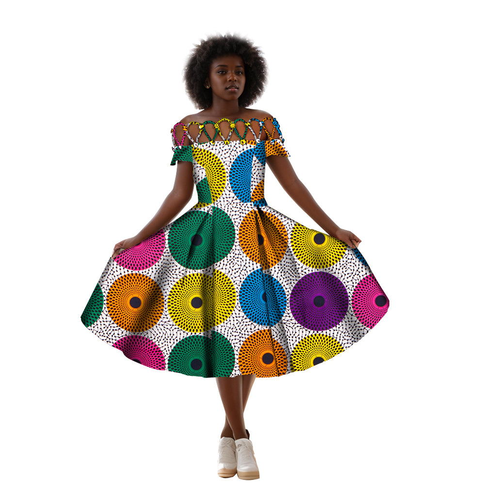 African women's clothing Cotton rope woven collar African printed wax clothing over knee length women's clothing WY335
