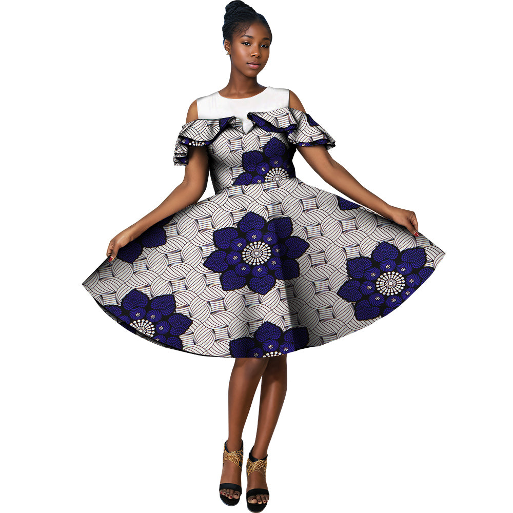 African Ankara Print Dresses O-Neck Splicing Dresses Party Dresses Short Dresses WY5502