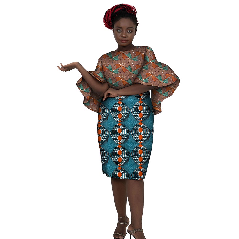 African Women Dresses Short Trumpet Sleeve Knee Length Patchwork Dress WY7506
