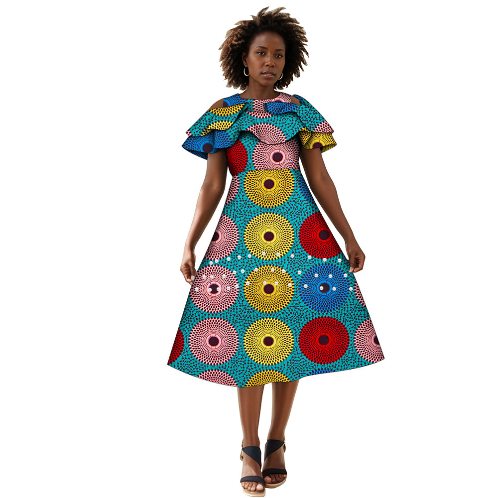 African Dresses for Women A-line Knee-Length Dress Traditional Ankara Kente Print Evening Dress WY4401