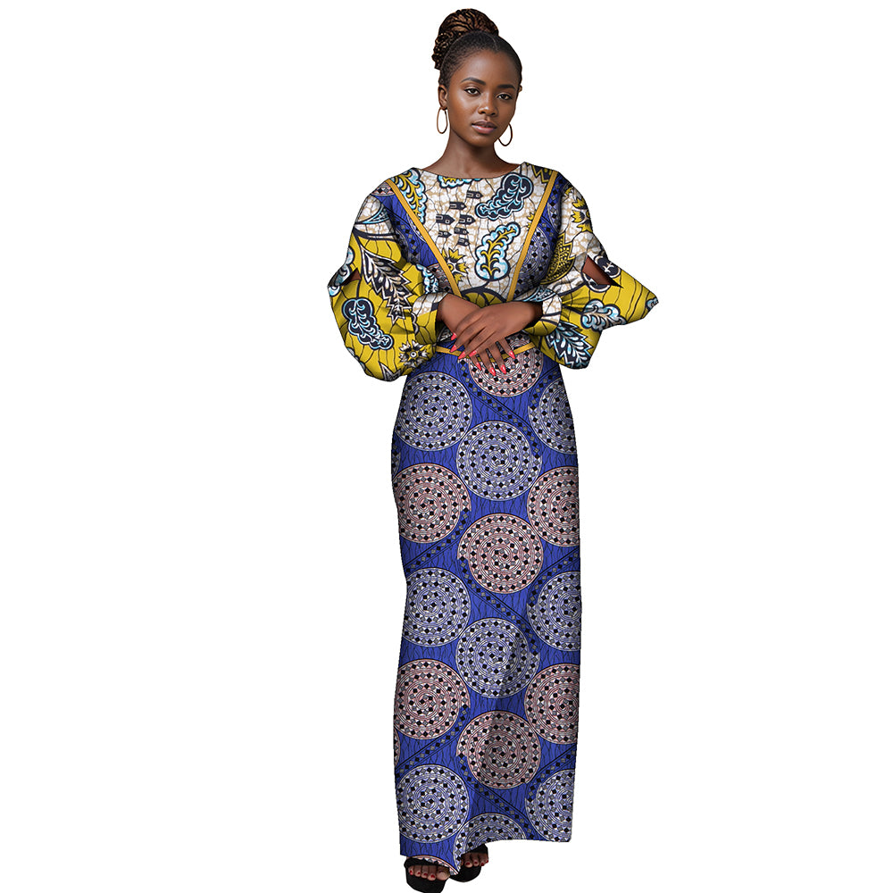African women dress crew neck patchwork long sleeve high waisted party dress WY9991