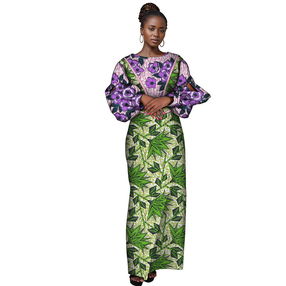 African women dress crew neck patchwork long sleeve high waisted party dress WY9991