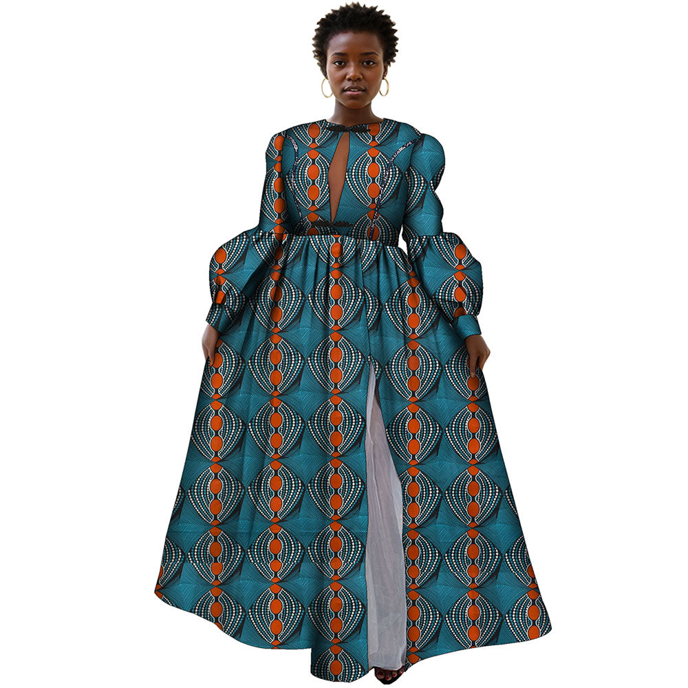 African Women Ankara Print Dresses Long Sleeve Floor Length Sexy Lady Clothing WY8853