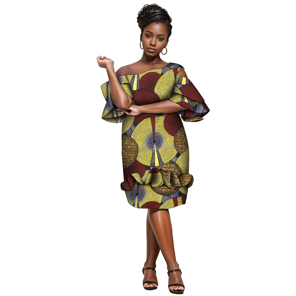African Women Print Dress Knee Length Dress with Ruffle Edge Fashion Ankara Dress WY5294