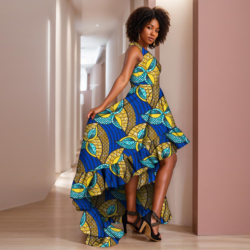 African women dress deep round neck Ankara Kent traditional wax print party dress WY8373