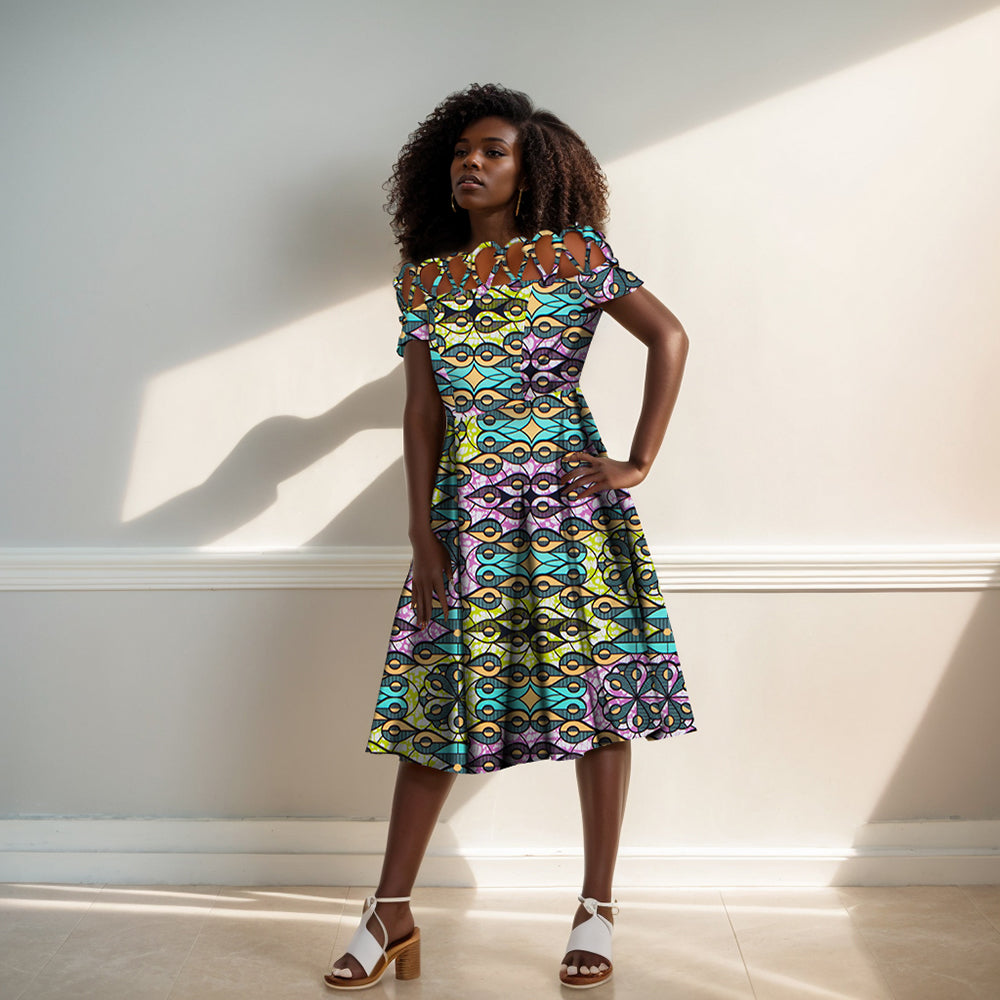 African women's clothing Cotton rope woven collar African printed wax clothing over knee length women's clothing WY335