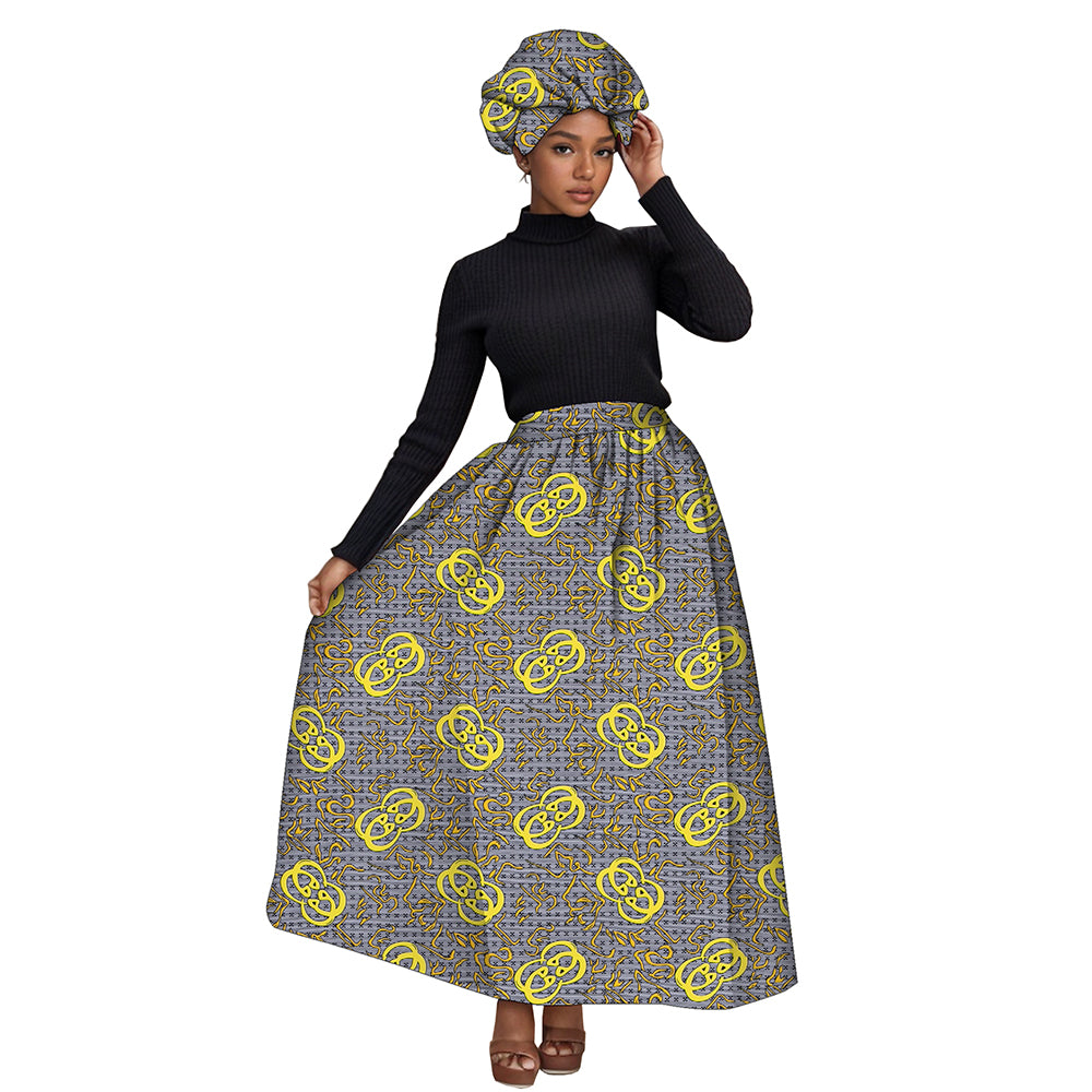 African Women's Long High Waist Ankara Print Skirt Matching Headwrap WY1270