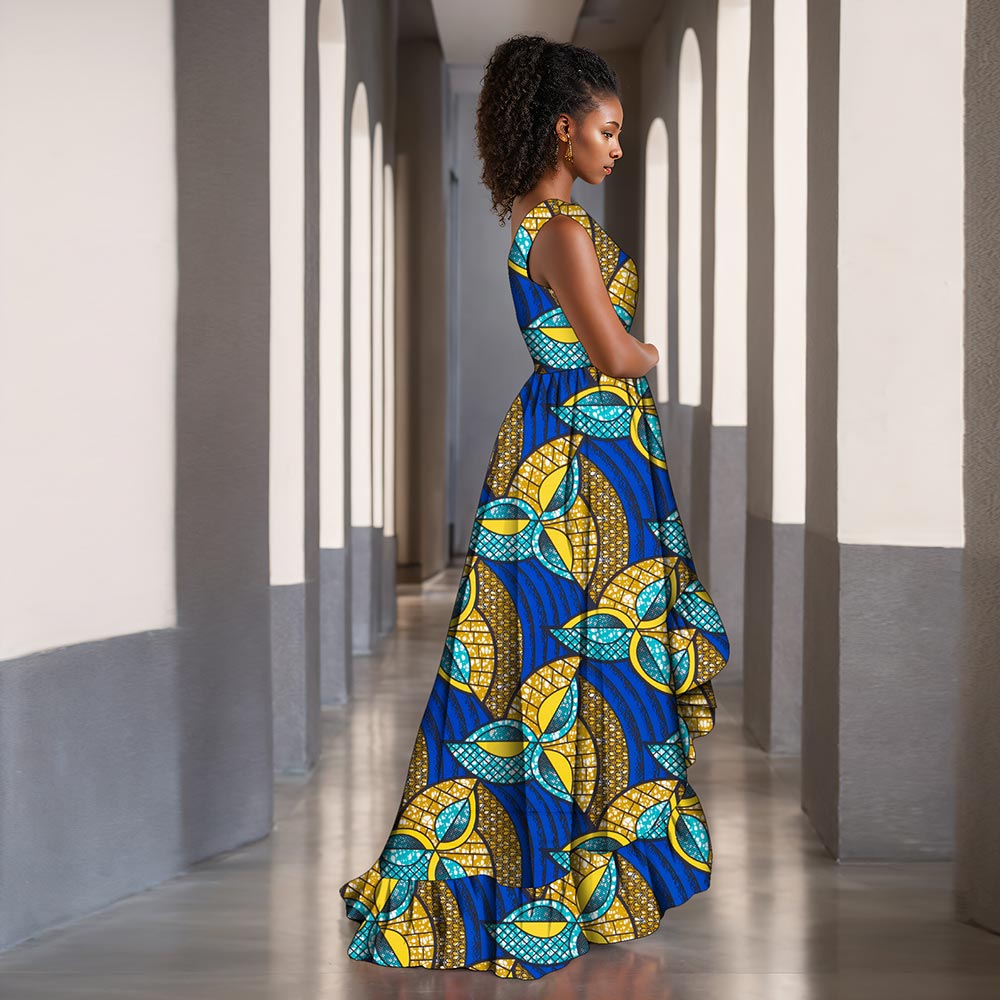 African women dress deep round neck Ankara Kent traditional wax print party dress WY8373