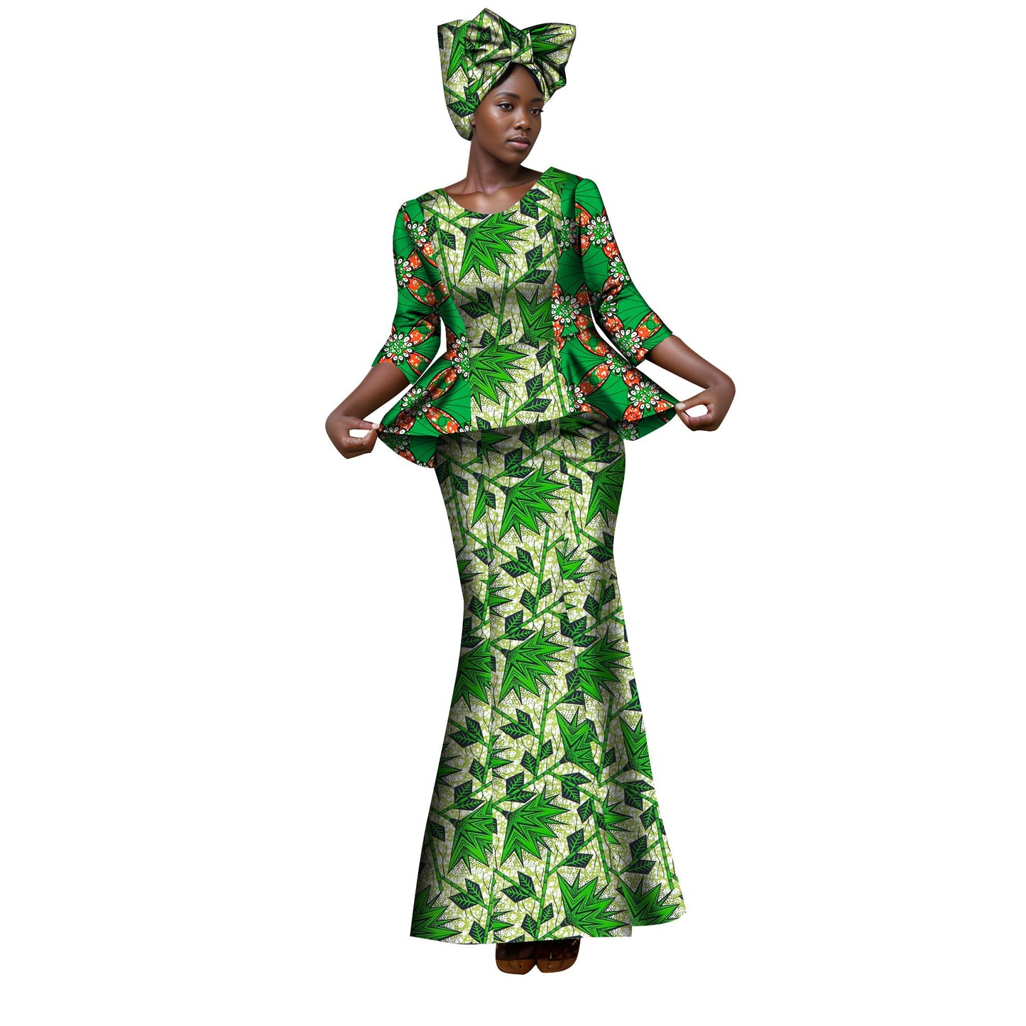 African Ankara Print Women Dresses Set with Headscarf WY1401