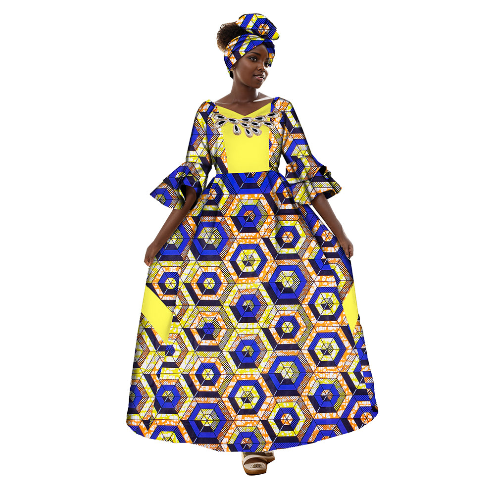 African Women Maxi Party Dress Double Layered Bell Sleeve Long Dress & Headwrap WY3819