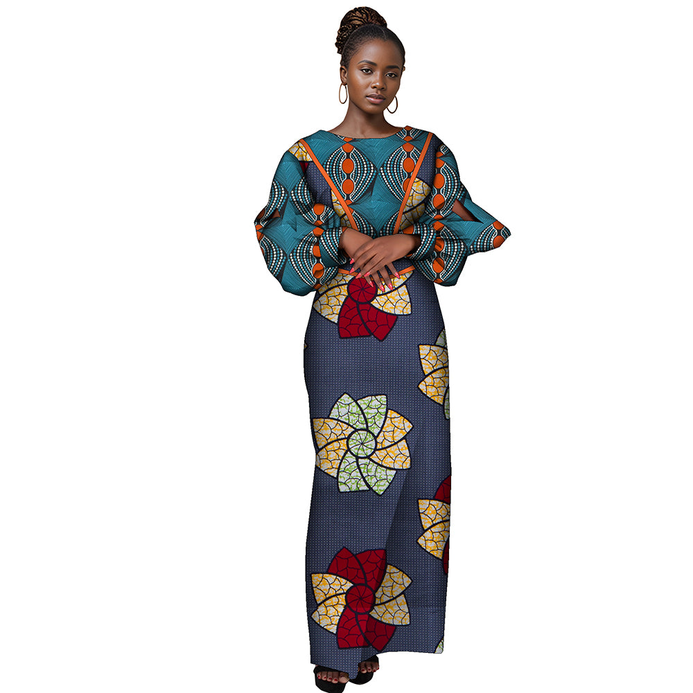 African women dress crew neck patchwork long sleeve high waisted party dress WY9991