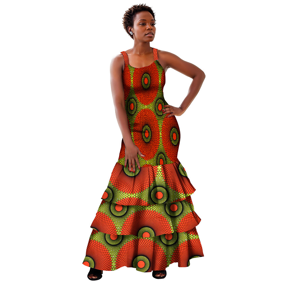 African Women Dresses Summer Sleeveless Ruffle Dress Dashiki Bodycon Dress WY298